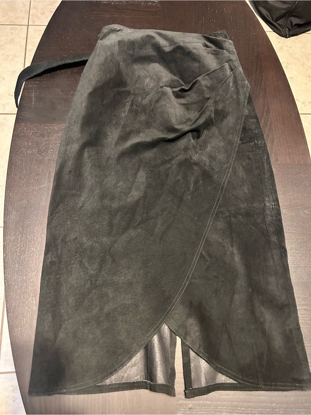 Vintage Asymmetrical Black Leather Midi Skirt